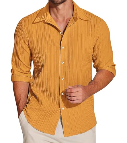 Image of FILO HEVIS Men's Casual Button Down Popcorn Shirts Stylish Long Sleeve Linen Textured Beach Summer Shirt
