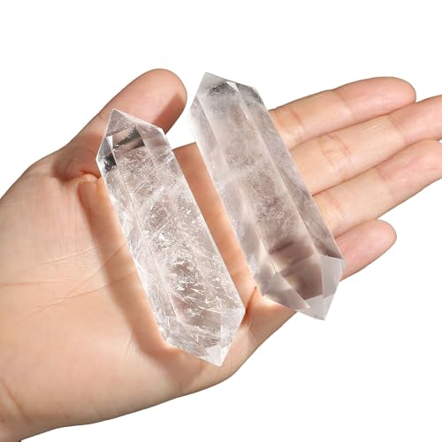 QINJIEJIE Clear Quartz Crystals Large Healing Crystals Natural Hexagon Double Point Clear Quartz Crystal Wand Meditation Reiki Protection Crystal Gifts for Beginners Women