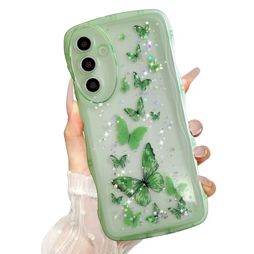 UEEBAI Transparent Coque pour Samsung Galaxy A16 4G/5G, Curly Wave Frame Étui en Silicone Liquide, Housse de Téléphone en Motif de Papillon Antichoc TPU...