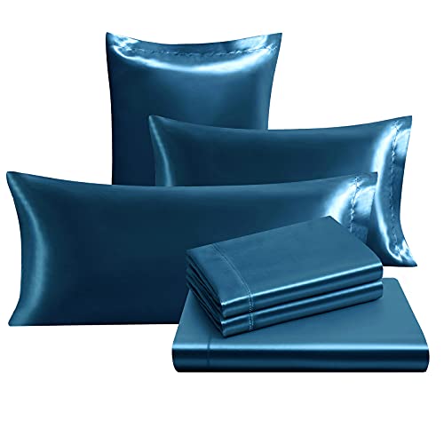 Image of Ersmak 7 Pieces Satin Sheets Set California King Size, Luxury Silky Navy Blue Satin Bed Sheets Set with 1 Deep Pocket Fitted Sheet, 1 Soft Flat Sheet, 4 King Pillowcases and 1 Body Pillowcase