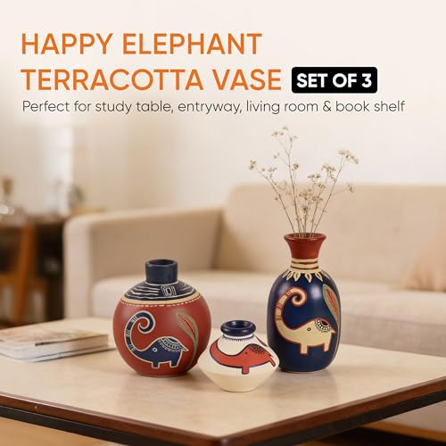 Image of Aakriti Art Creations Happy Elephant Vases Set of 3 in Red, Blue & White | Hand-Painted Madhubani Art Terracotta Flower Vases | Matte Finish Decorative Vases for Living Room, Table Decor & Gifting