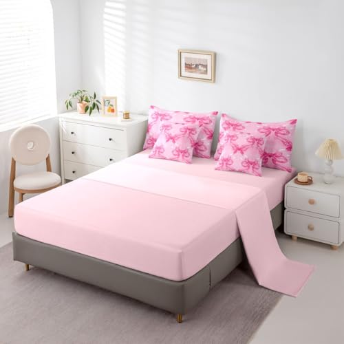 Image of Pink Bow Full Size Bed Sheets and Comforter Set | Cute Ribbon Bowknot 7 Piece Bedding Set Princess Bow Bed in a Bag, Kawaii Bow Tie Room Decor,Light Pink Room Decor Aesthetic