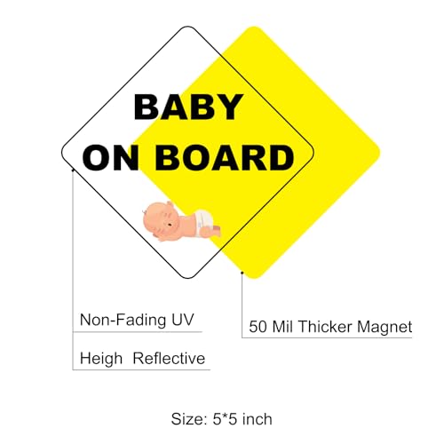 Image of Lusinus Baby On Board Signs for Car - 2 Pack Reflective, Funny & Cute Magnetic Stickers - Removable Safety Attention Signs for Novice Drivers - 5x5 Inches