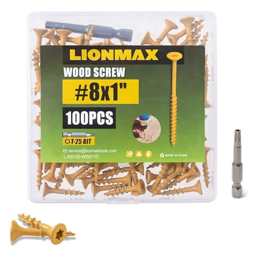 Image of LIONMAX Wood Screws 1 Inch, Deck Screws #8 x 1, 100 PCS, Rust Resistant, Epoxy Coated, Exterior Wood Screw, Outdoor Decking Screws, Torx /Star Drive Head, T25 Star Bit Included, Tan