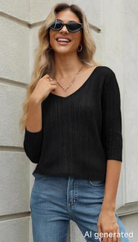 Image of Simple&Opulence Women's Long Sleeve V-Neck Sweater Off-Shoulder Light Cropped Sweaters for Women Wool Sweater S-XL