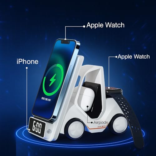 Image of All-in-One Wireless Charging Station with Alarm Clock - Mifaso 3-in-1 Car Design Charger for 16 /15 Series, S25, 3, Watch 10 /9 /8 /7 - Perfect Nightstand Accessory (3ft)
