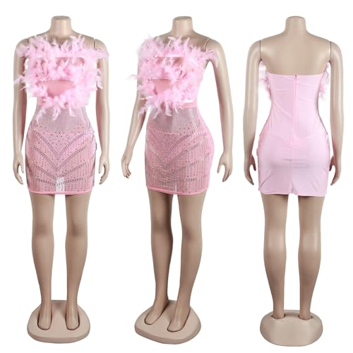Yuopeid Women's Sexy Mesh Rhinestone Bodycon Mini Dresses Sleeveless Fashion Feather Birthday Party Cocktail Dress4