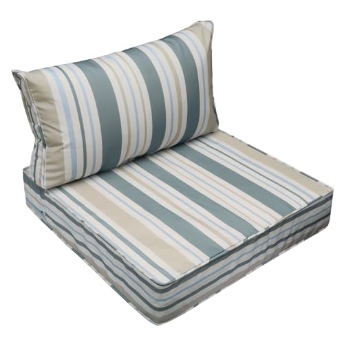 Image of AAAAAcessories Outdoor Seat Cushions for Chairs, Fade-Resistant, Waterproof Patio Furniture Replacement Cushions, 23.5 inch x 25.5 inch x 5 inch + 23.5 inch x 13.5 inch, Slate Gray Blue Coastal Stripe