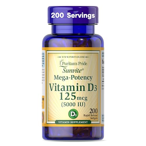 Puritans Pride Premium Sunvite Mega-Potency Vitamin D3 5 000 IU Dietary Supplement for Healthy Bones Teeth and Immune System Support 200 Rapid Release Softgels (Packaging May Vary)