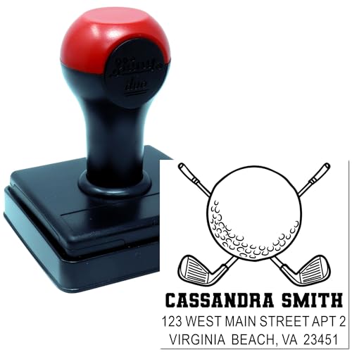 Image of Handheld Golf Enthusiast Duo Hand Address Stamp - Handheld Address Stamp | Golf Club Stamp. Any standard pad works. Compact Address Stamper. Your name and address. Nothing to dry out. Square imprint.