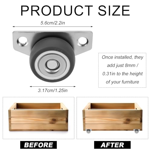 Set of 4 Side Mount Casters, 1.25 Inch Small Rubber L Shaped Plate Caster 140lbs Load Low Profile Mini Ball Bearing Non Swivel No Noise Caster Wheels with Screw for Home Office Furniture Appliance