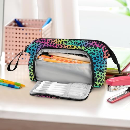 Image of Leopard Print Colorful Pencil Case Large Capacity Pencil Pouch, Handheld Pen Bag Cosmetic Portable Gift for Office School Teen Girl Boy Men Women Adult Pencil Storage Organizer