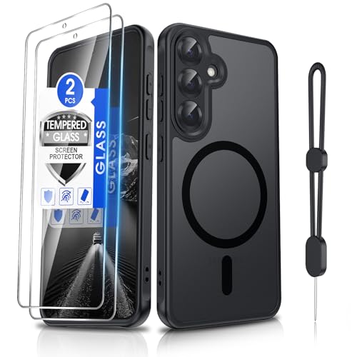 Dizn for Samsung Galaxy S24 Plus/S25 Plus Phone Case with 2 Screen Protector & Phone Lanyard Fit for MagSafe Camera Bumper Protection Shockproof Magnetic Thin Translucent Cover for S24+/S25+ Black