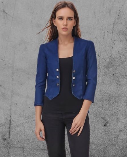Image of WingzssWomen's Blue Cropped Blazer, 3 /4 Sleeves, Button Front, Formal Jacket