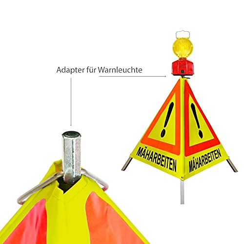 Warnpyramide/Faltsignal - MÄHARBEITEN - VZ101-Ausrufezeichen (2 - tagesleuchtend gelb, 70 cm leicht mit Mittelfuß)