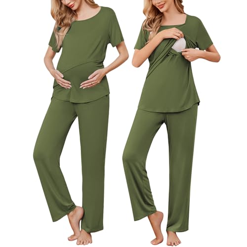 Image of Ekouaer Women's Nursing Pajamas Maternity Pajama Postpartum PJS Breastfeeding Short Sleeve Top & Pants Sets with Pockets