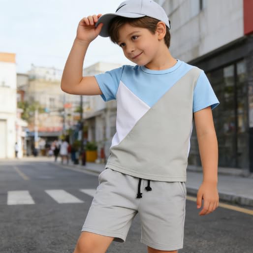 Image of Ayzozuy Boy Clothes Colorblock Top + Drawstring Waist Shorts 2 Pieces Kid Summer Outfits Set
