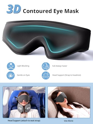 Image of Inspireyes Neck Pillow, Travel Pillow with Seat Strap, 3D Sleep Mask, Dual Support Neck and Head, High Supportive Foam Airplane Pillow for Long Flight Road Trip, Stop Bobblehead Travel Essential, Grey