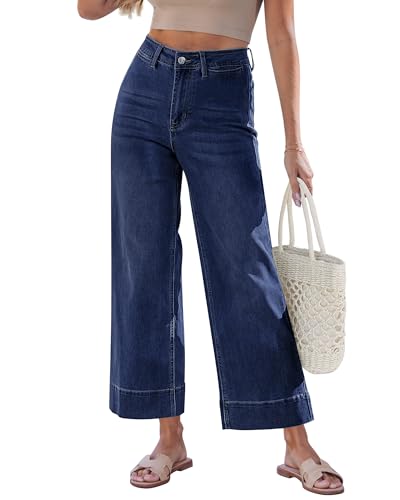 GRAPENT Women Jeans Stretchy Wide Leg Denim Pants Jean Outfits for Crop Womens Cropped Dark Wash High Waist Cropped Jeans, Darkness Blue, M, US Size 8 to 10