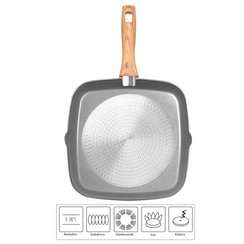 Back to Nature Grill Pan, 28cm, Cast Aluminium, Non-Stick Coated with Real Stone Particles, Gray, Induction Compatible, Wood Effect