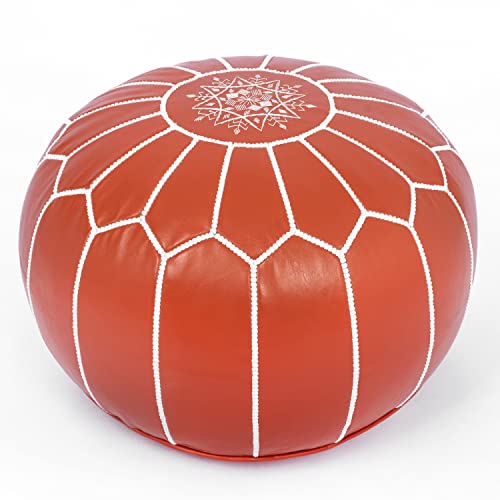 Marrakesh Gallery Genuine Leather Round Pouf Stuffed - Moroccan Ottoman Footstool, Footrest with Filler - Boho Decor - Bohemian Living Room, Bedroom, Kids Room, Gift & Wedding (Orange)
