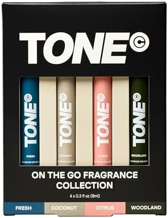 TONE 4 Piece On-The-Go Cologne Sample Pack for Men & Women, Multi-Layered, Light Cologne, Travel Size, 4 Premium Scents - Fresh, Citrus, Coconut, Woodland (0.3 fl oz each)
