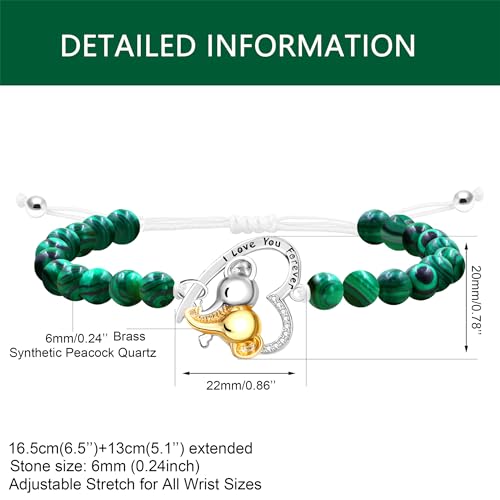 Image of Double Elephant Heart Charm Natural Crystal Bracelet, Treatment Stone Bracelet Calm Stretch Bracelet Women's Stress Relief Gift for Moms I Love You Couple Jewelry