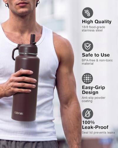 Image of Coolflask 40 oz Water Bottle Insulated with Straw & 3 Leakproof Lids