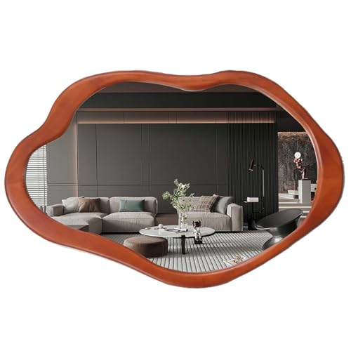osemy 42"x 28" Irregular Wall Mirror, Walnut Wood Framed Wall Mirror, Asymmetrical Wall Wavy Mirror for Living Room Bedroom Entryway Bathroom Modern Decorative Cloud Mirror Hanging Hooks