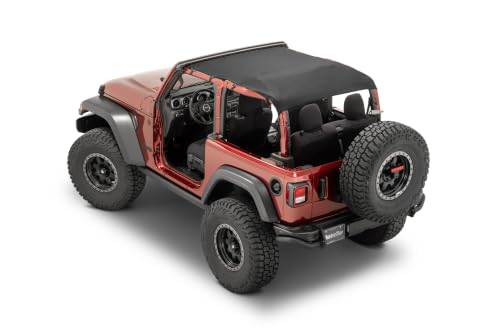 MasterTop Bimini Top Plus - Fits Jeep Wrangler JL 2-Door 2018+ - 30 oz MasterTwill Summer Bikini Top, Full-Length Front and Rear Sun Shade, Heavy-Duty Windshield Rubber Seal, No-Drill Strap Install
