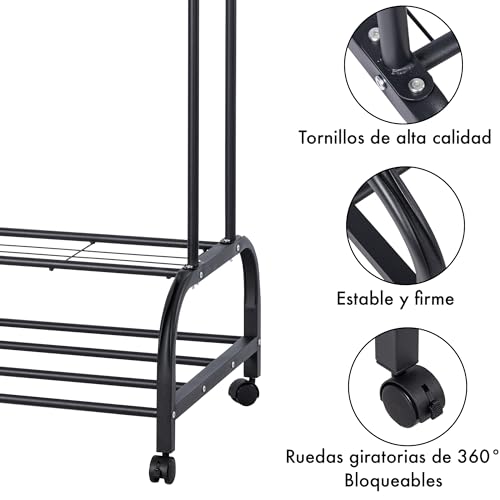 Miniatura 5 de Perchero Burro Doble Con Estructura De Metal Resistente, Estantes Laterales, Zapatero Inferior Y Ruedas Giratorias Organizador Móvil Ideal Para Ropa, Zapatos En Dormitorio O Vestidor Negro