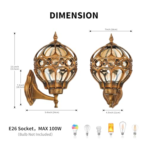 Gold Outdoor Wall Light Fixtures, Globe Exterior Aluminum Waterproof Porch Lights, Sphere Anti-Rust Outside Lantern Wall Mount with Amber Glass for Patio Backyard Garage Doorway, 2 Pack