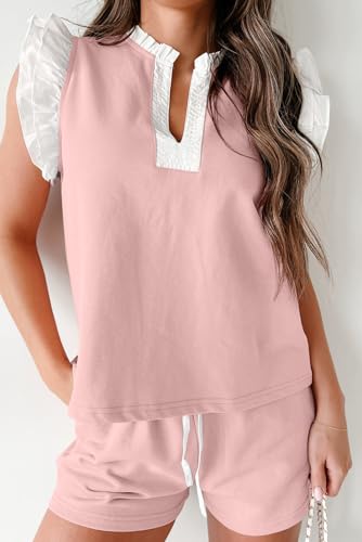Chic Contrast Trim Shorts Set: Light Pink Ruffled Top and Drawstring Shorts3