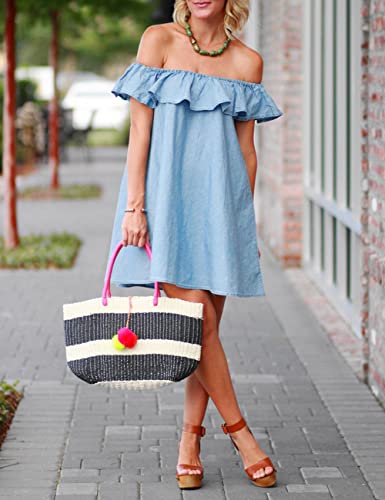 Image of Women's Blue Jean Dress Off Shoulder Ruffle Short Sleeve Loose Denim Mini Dress with Pocket