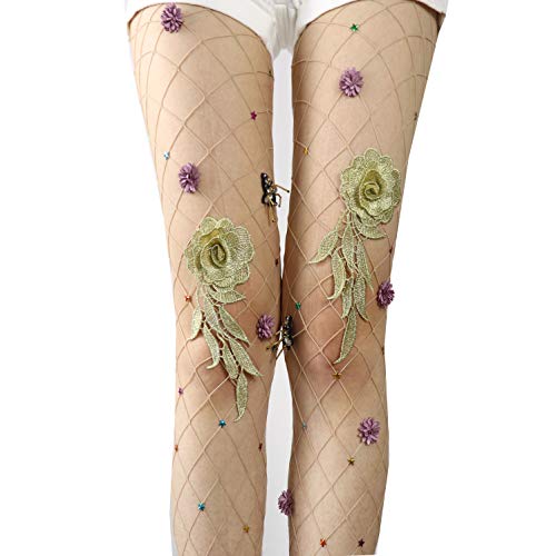 Image of Ulalaza Sparkle Hollow Out Letter Nude Colorful Rhinestone Hot Drilling Fishnet Pantyhose Tights for women Luminous