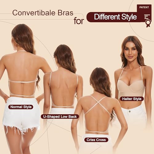 Low Back Bras for Women, Seamless Underwire Invisible Backless Bra, Multi-Way Convertible Straps Low Cut Bras Halter Bra4