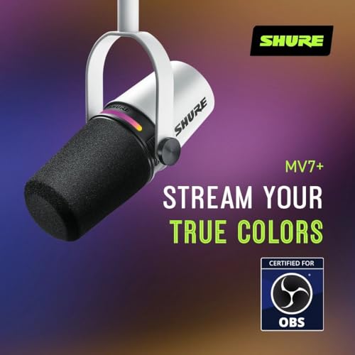 Image of Shure MV7+ Podcast Microphone. Enhanced Audio, LED Touch Panel, USB-C & XLR Outputs, Auto Level Mode, Digital Pop Filter, Reverb Effects, Podcasting, Streaming, Recording - White