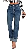 ETTELO Womens Jeans High Waisted Stretchy Straight Leg Jeans for Women Tummy Control Trendy Cute Ankle Fold Hem Jeans Pants Navy Blue
