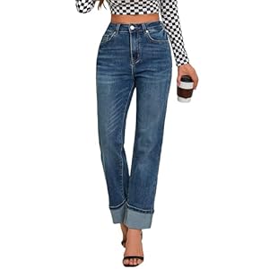 Womens Jeans High Waisted Stretchy Straight Leg Jeans for Women Tummy Control Trendy Cute Ankle Fold Hem Jeans Pants