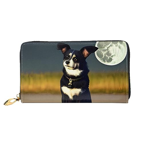 Portefeuille grande capacité femme Dog Under Moon noir zippé tout en un