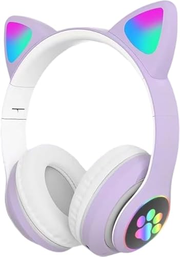 FFKQHCF Cuffie Bluetooth sovrauricolari pieghevoli a forma di orecchio di gatto, con slot per schede, Android, luci LED fredde (cartone animato, viola chiaro)