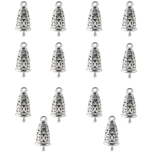 Dmykluc 14Pcs Tibetan Style Bell Charms Silver Small Jingle Bells for Crafting Mini Wind Chimes for Jewelry Crafts Making and Home Decor