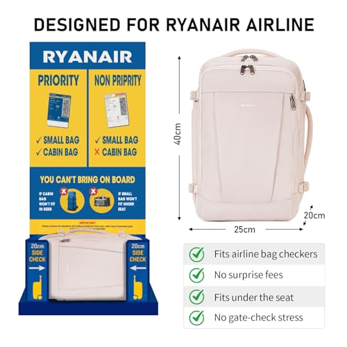 ECOHUB Rucksack 40x20x25 Ryanair Handgepäck 13 Taschen Reiserucksack Flugzeug Carry-ons Wasserdichter Rucksack Damen Klein PET-Recycelte Umweltfreundliche 20L,Patentiert(Beige)