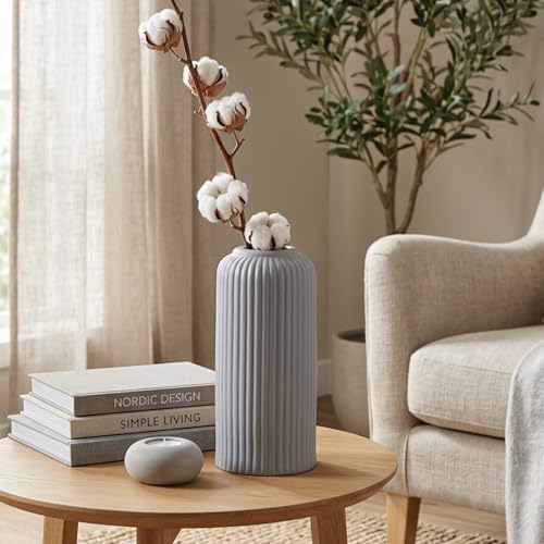 Image of KREATIVE ART'S Modern Ribbed Design Ceramic Flower Vase for Living Room, Flower Pots for Artificial Flower, Home Decoration Item, Home Decor, Vases for Living Room (Grey, Medium)
