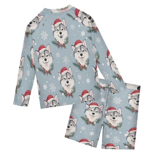 Xmas Husky Snowflake Boys Swimsuit Rash Guard Toddler Kids Long Sleeve Swim Shirt and Trunks Swimwear Set 3-10Y2
