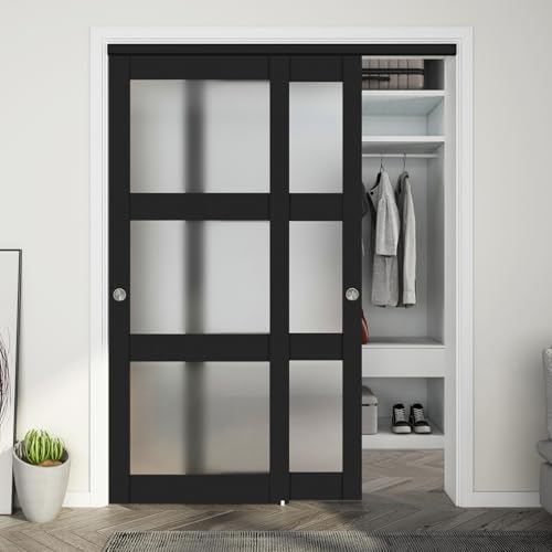 JUBEST Sliding Closet Door 60'(Double 31') x 80', 3-Lite Frosted Glass Bypass Door with Hardware Kit & Matching Fascia, Pre-Drilled Solid Wood Slab with Water-Proof PVC Surface, Easy to Install, Black