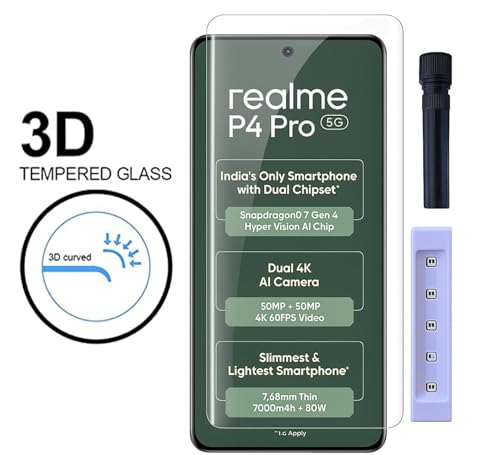 Image of FabeKee HD+ UV Tempered Glass Screen Protector Guard Compatible For Realme P4 Pro 5G (6.8 Inch, Pack of 1) Full Adhesive UV Curved Case Friendly HD Clarity with easy installation kit
