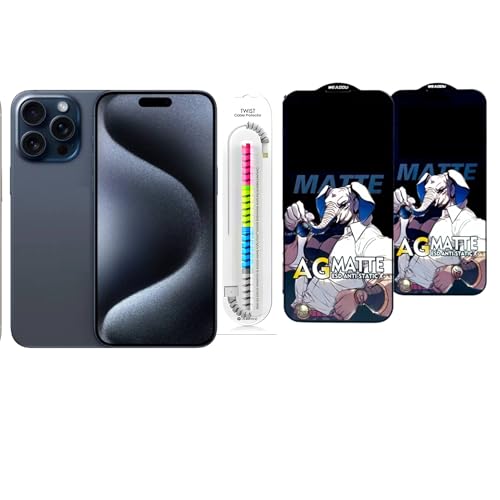 Image of Edge To Edge Matte Tempered Glass Screen Protector Compatible With iPhone 15 Pro Max, 9H Hardness, Anti-Fingerprint, FHD Clear With Cable Protector Pack 2