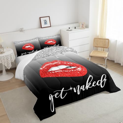 Image of Feelyou Black Bedding Set King, Get Naked Lips Comforter Set Lips Comforter for Kids Toddler Ombre Black and Red Duvet Set with 2 Pillow Case