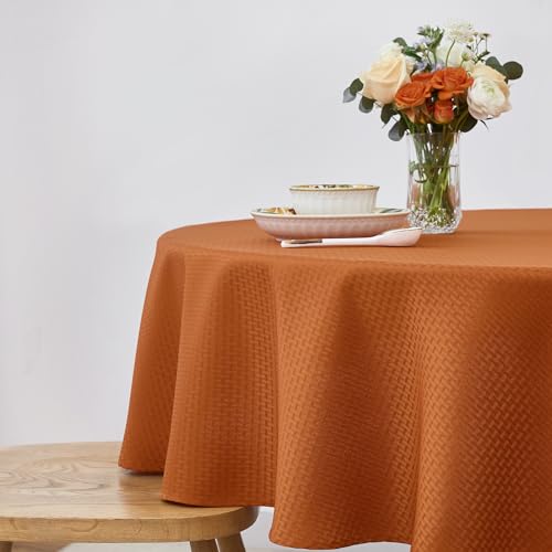Image of maxmill Round Tablecloth Weaved Pattern Spill-Proof Wrinkle Free Soft Jacquard Table Cloth for Circular Table Cover, for Dining Room Fall Harvest Thanksgiving Parties Holiday Dinner, 90 Inch, Rust